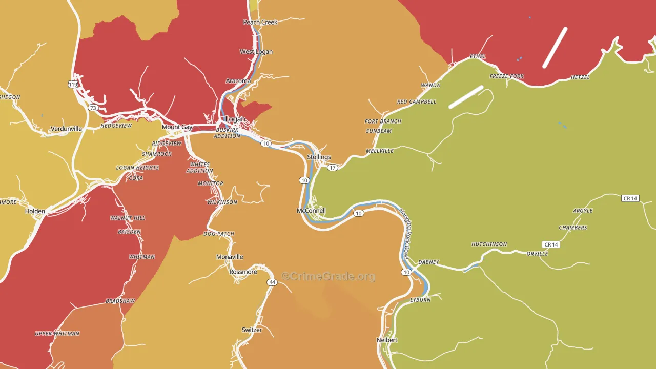 Stollings, WV Map of Burglary Rates