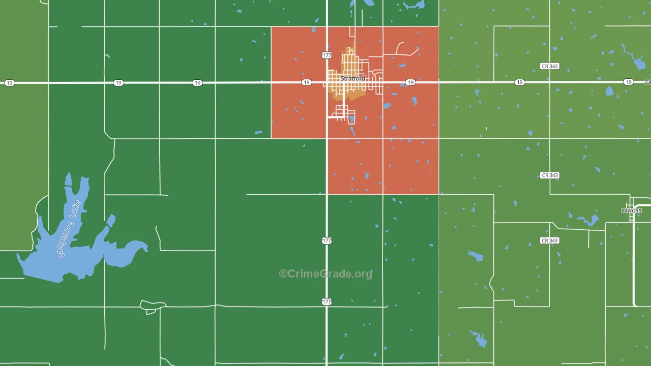 Stratford, OK Map of Burglary Rates
