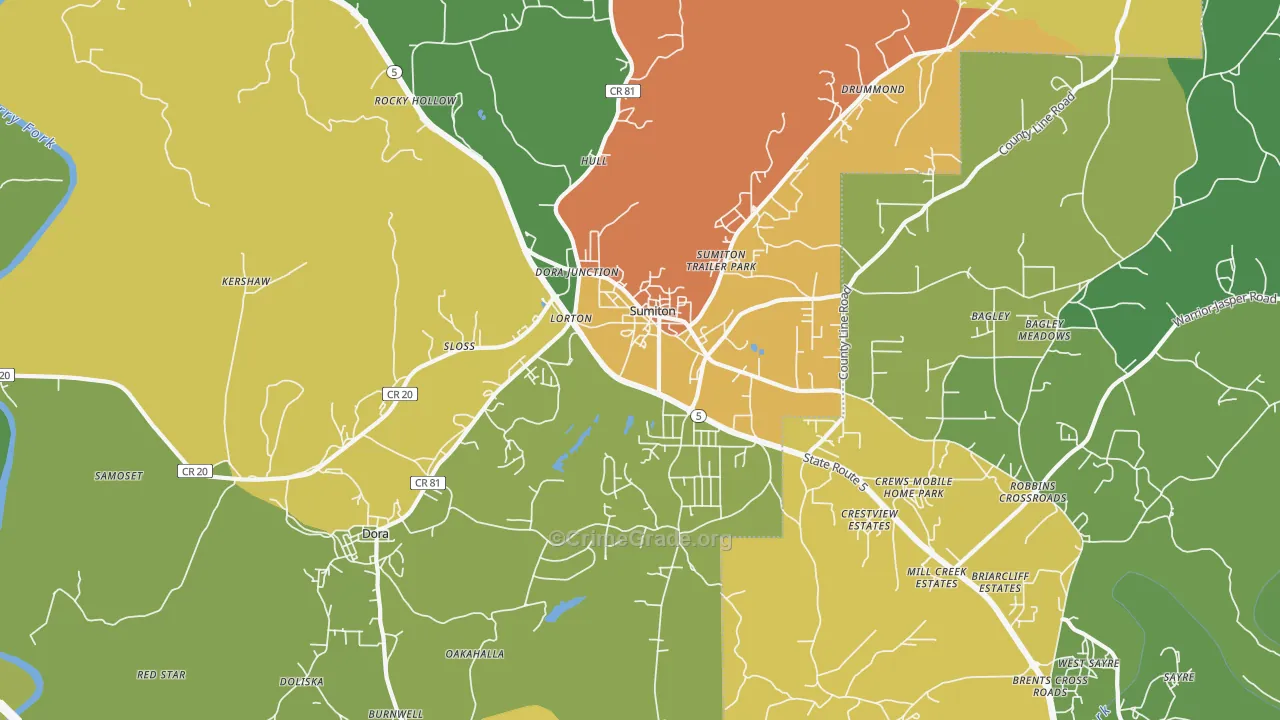 Sumiton, AL Map of Burglary Rates
