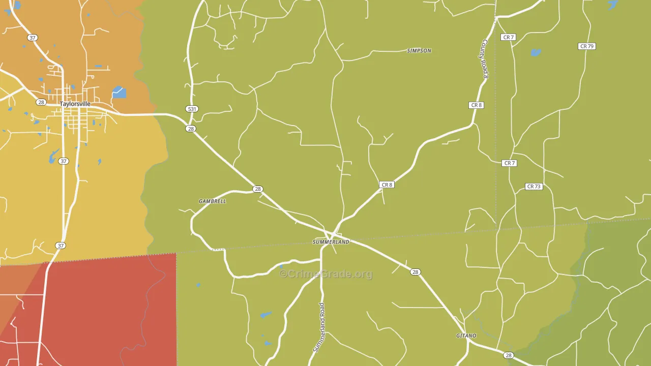 Summerland, MS Map of Burglary Rates