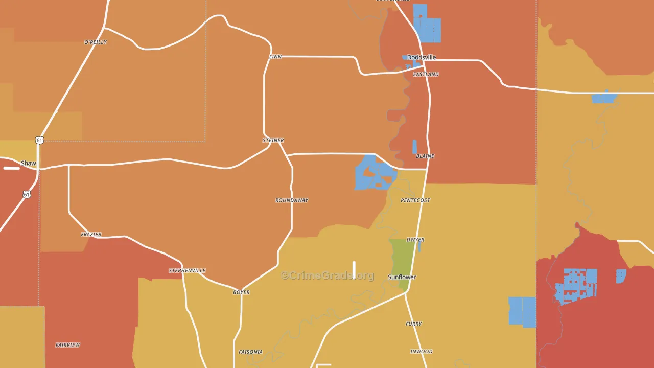 Sunflower County, MS Map of Burglary Rates