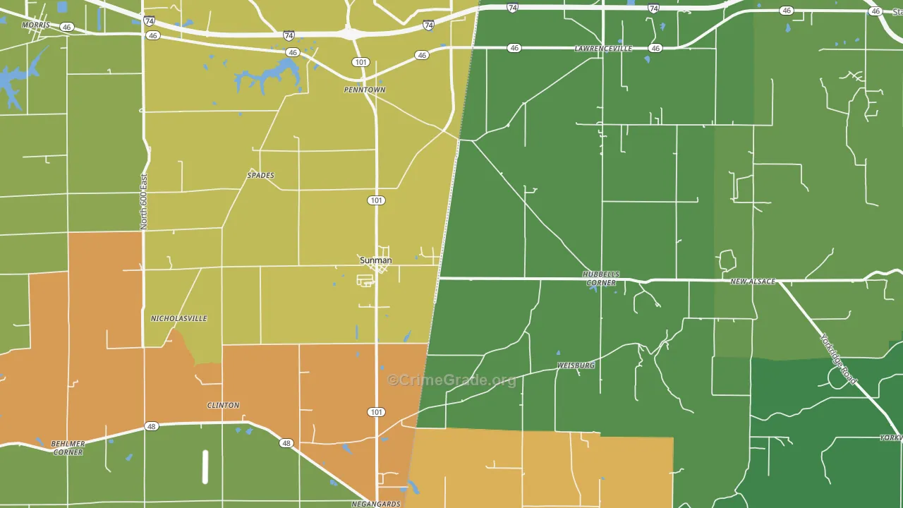 Sunman, IN Map of Burglary Rates