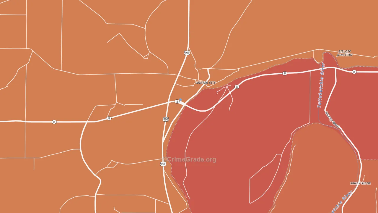 Sunnyside, MS Map of Burglary Rates