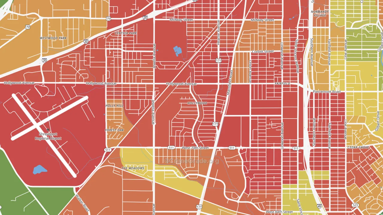 Sunset Arcre-Garden Valley-Morningside, Shreveport, LA Map of Burglary Rates