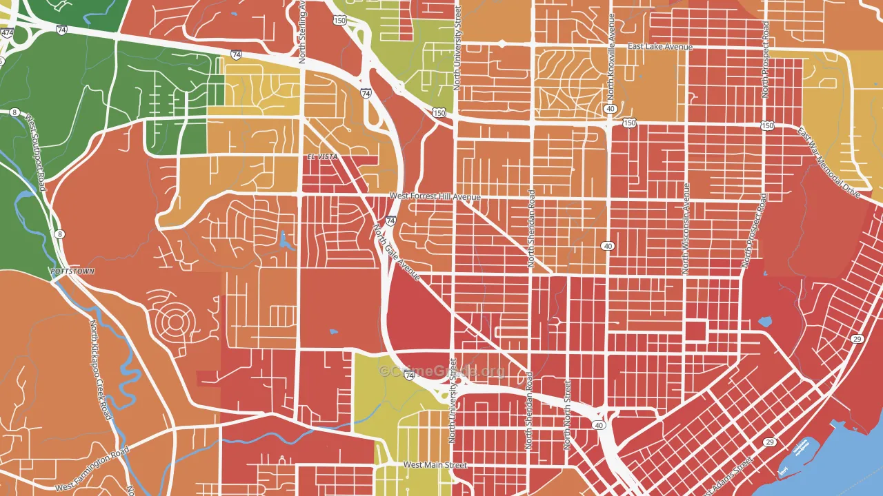 Sunset Hills, Peoria, IL Map of Burglary Rates