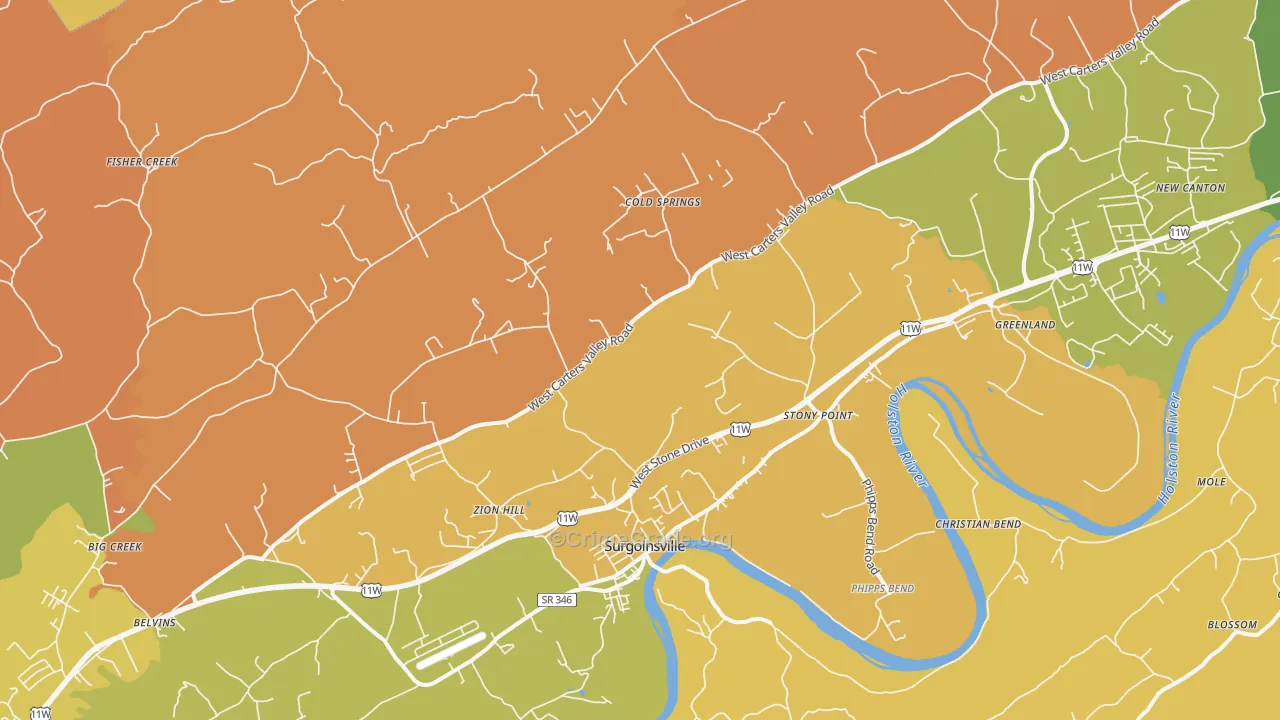 Surgoinsville, TN Map of Burglary Rates