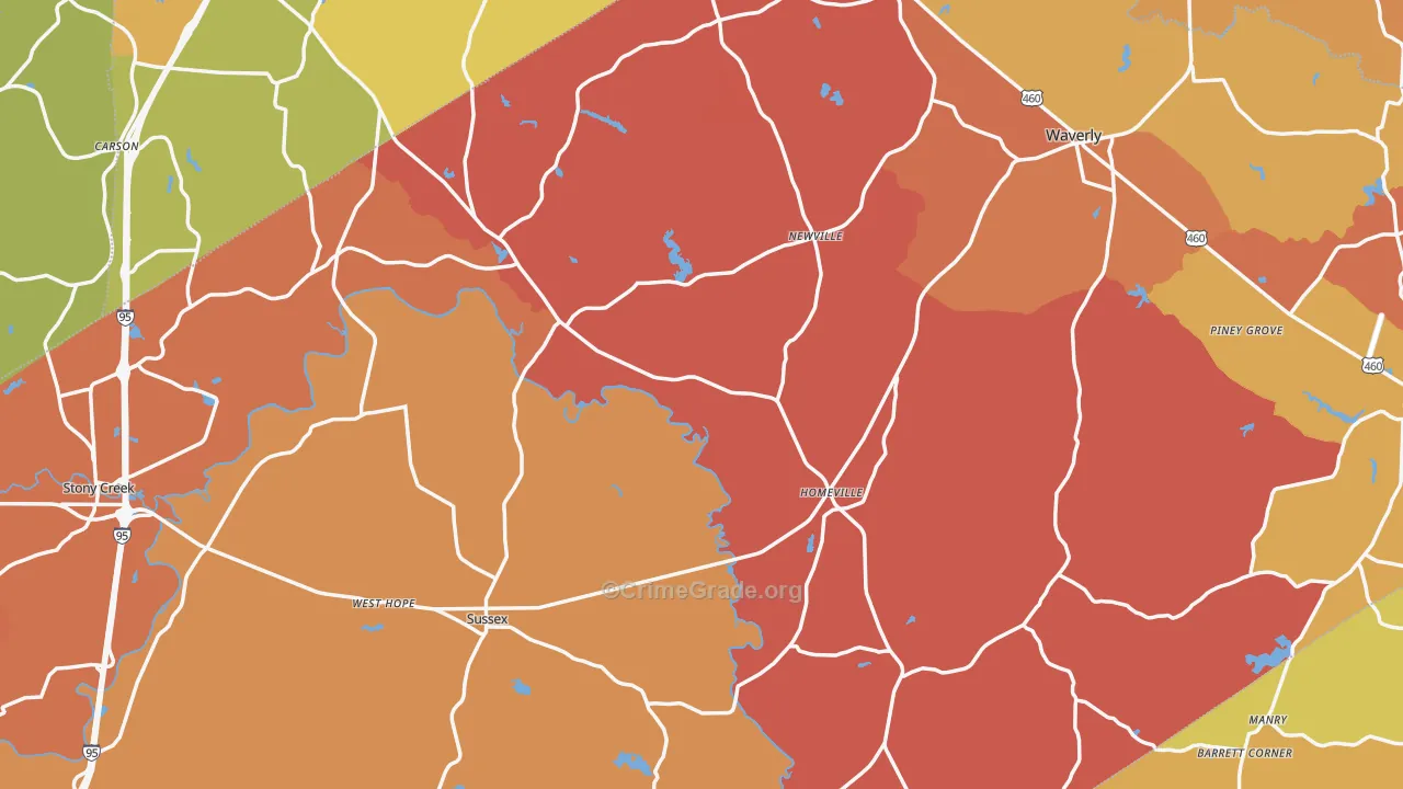 Sussex County, VA Map of Burglary Rates
