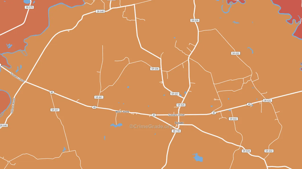 Sussex, VA Map of Burglary Rates