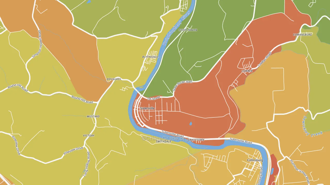 Sutersville, PA Map of Burglary Rates