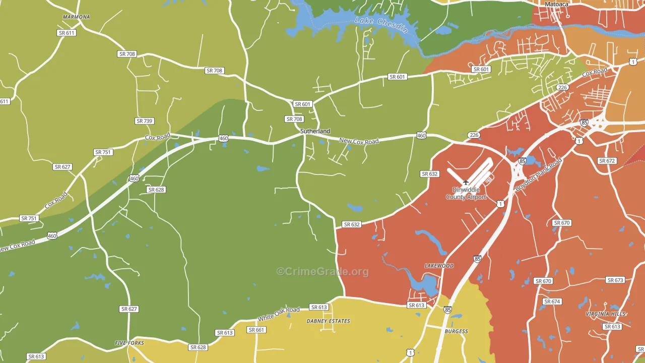 Sutherland, VA Map of Burglary Rates