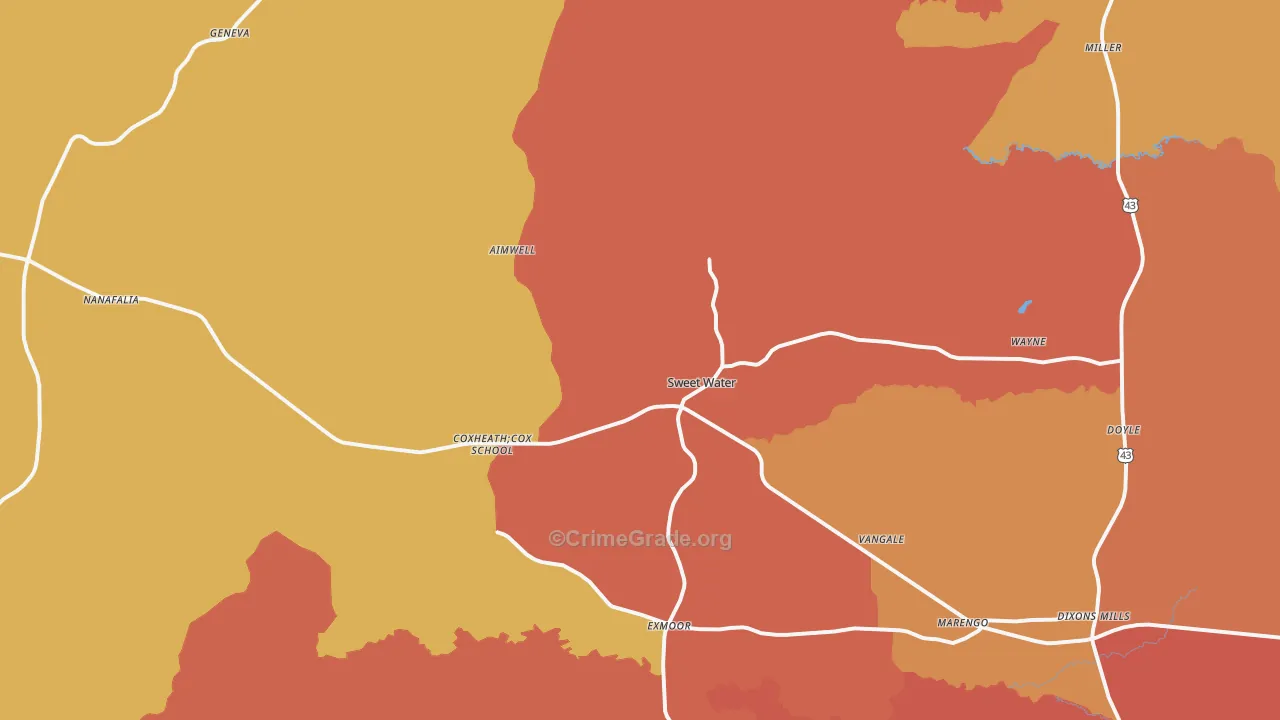 Sweet Water, AL Map of Burglary Rates