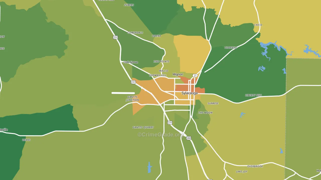 Sylacauga, AL Map of Burglary Rates