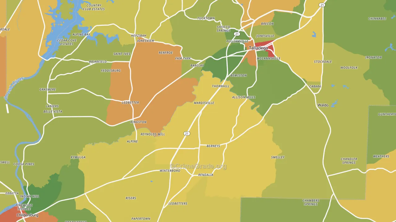 Talladega County, AL Map of Burglary Rates