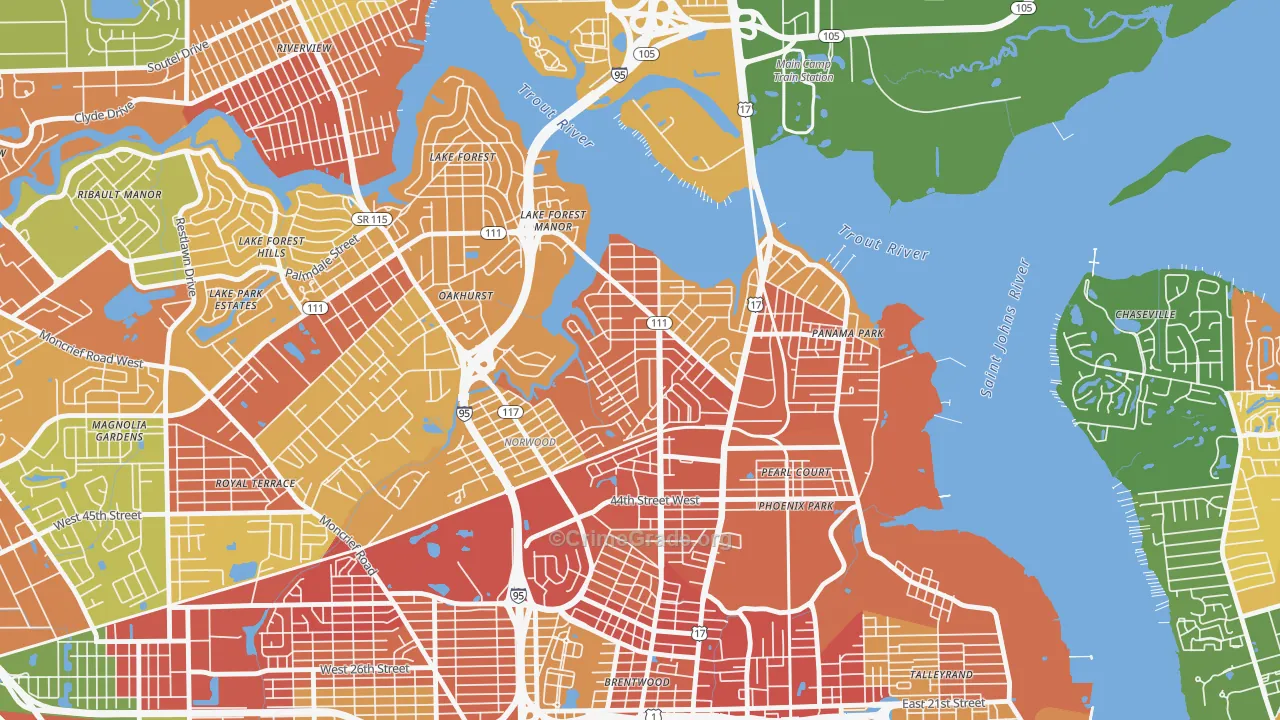 Tallulah-North Shore, Jacksonville, FL Map of Burglary Rates