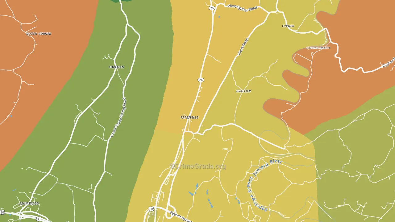 Tatesville, PA Map of Burglary Rates
