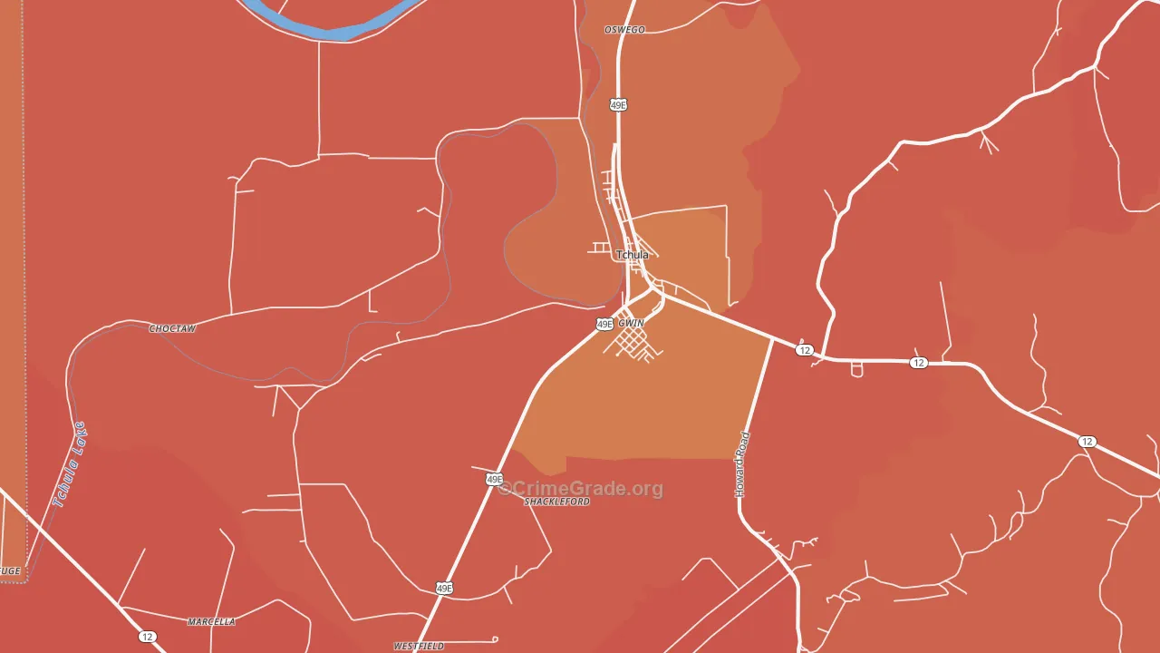 Tchula, MS Map of Burglary Rates