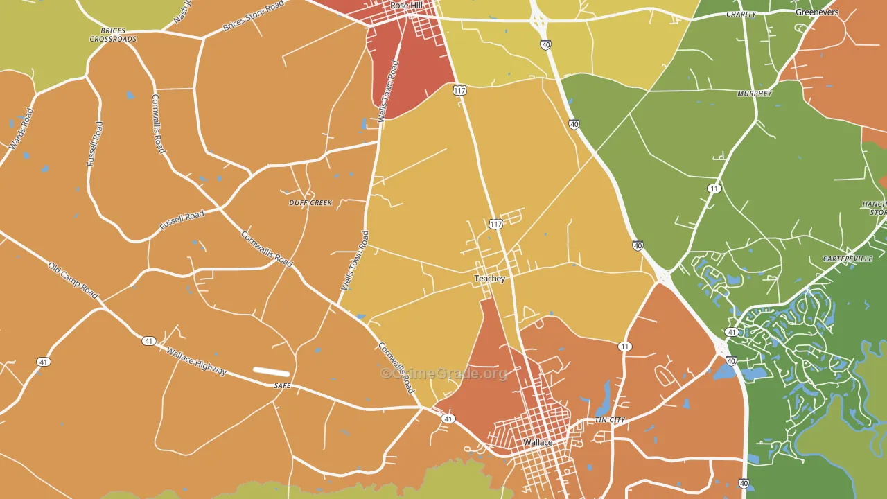Teachey, NC Map of Burglary Rates
