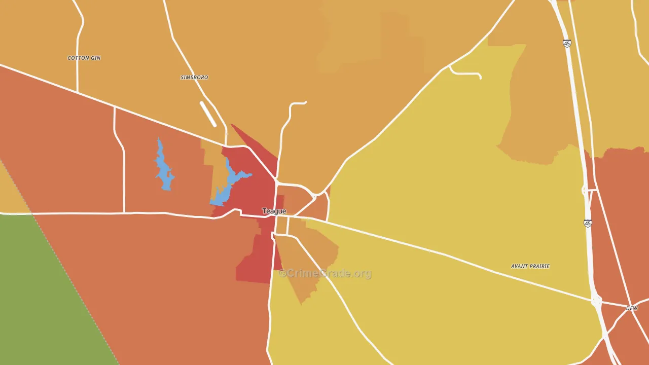 Teague, TX Map of Burglary Rates