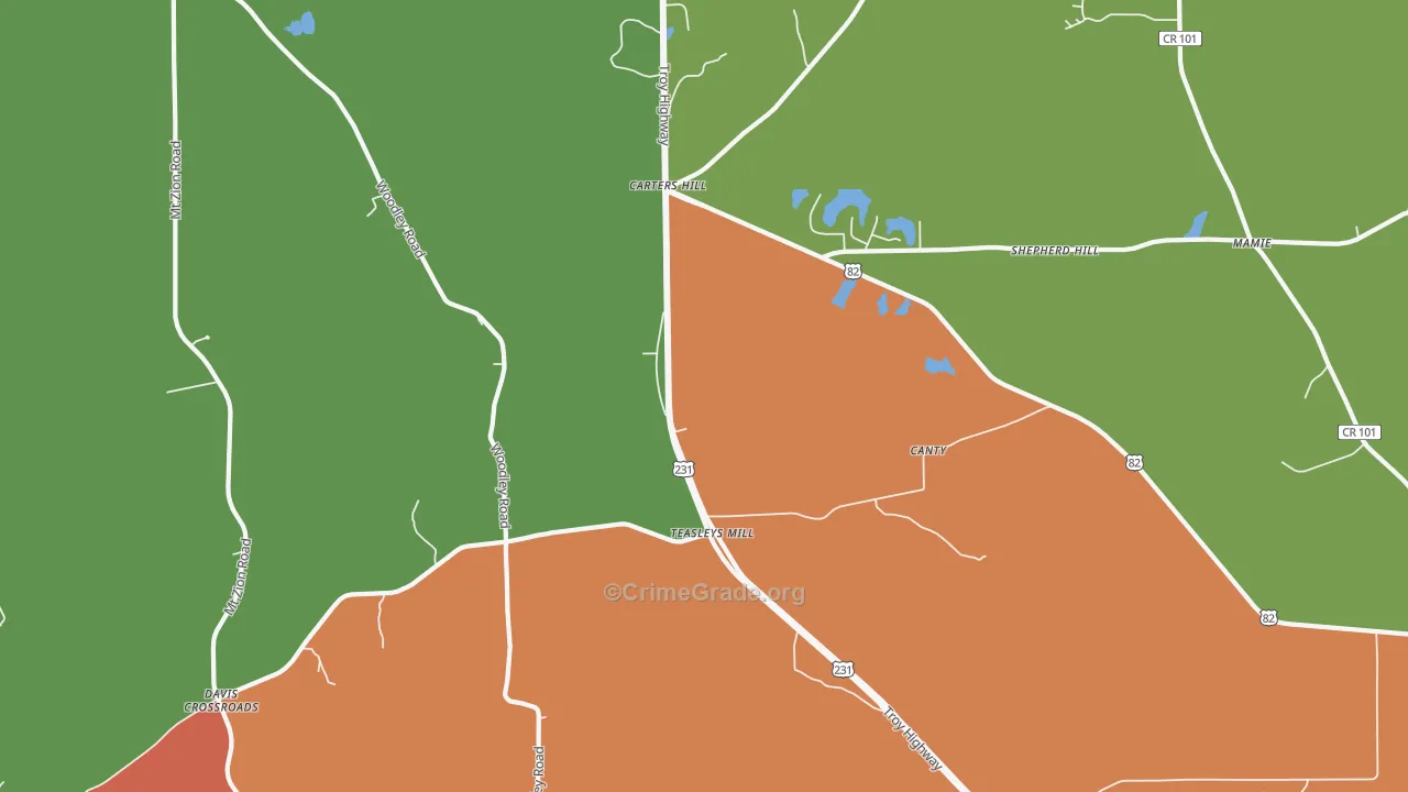 Teasleys Mill, AL Map of Burglary Rates