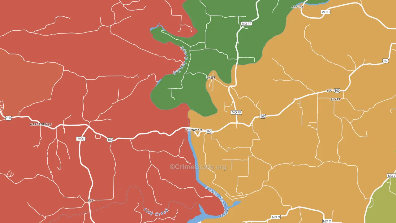 Tecumseh, MO Map of Burglary Rates