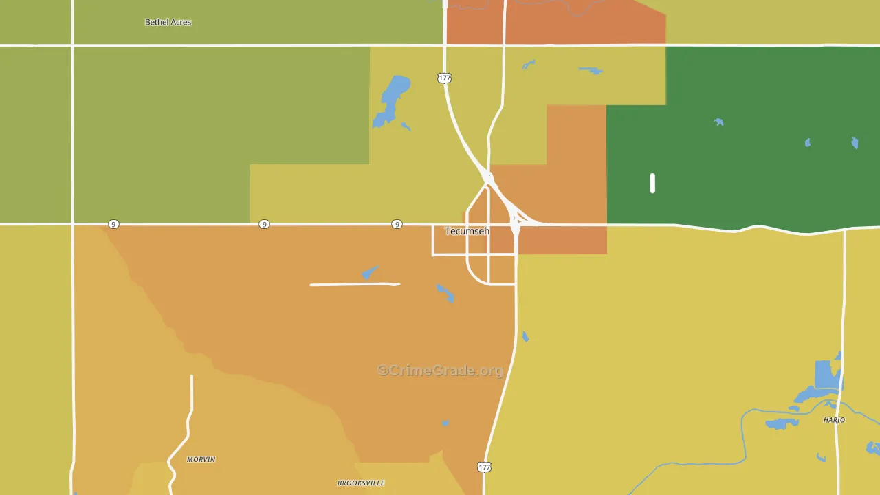 Tecumseh, OK Map of Burglary Rates