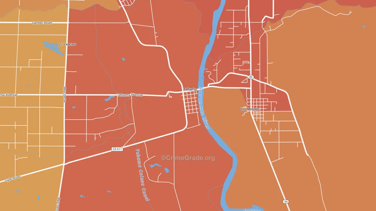 Tehama, CA Map of Burglary Rates
