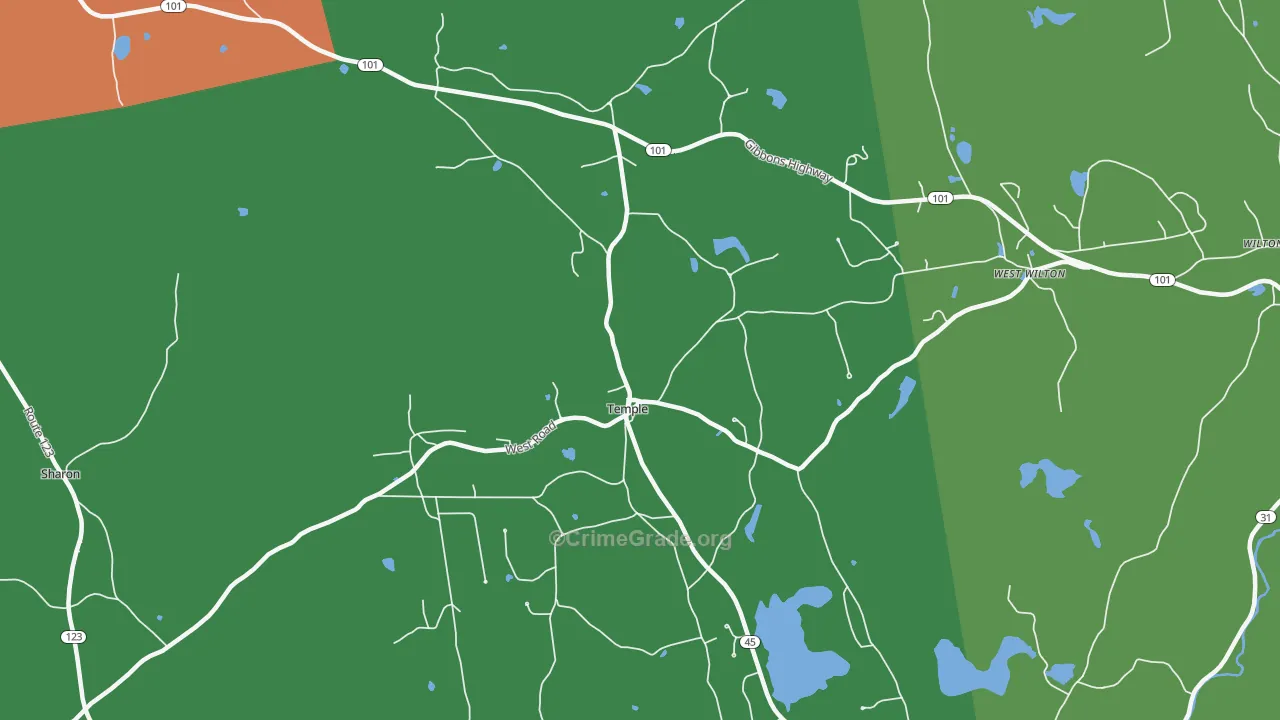 Temple, NH Map of Burglary Rates