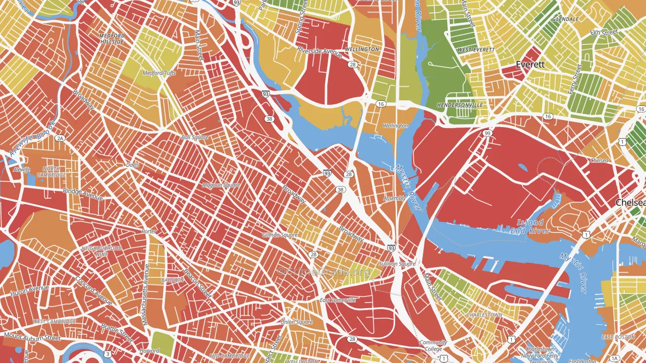 Ten Hills, Somerville, MA Map of Burglary Rates