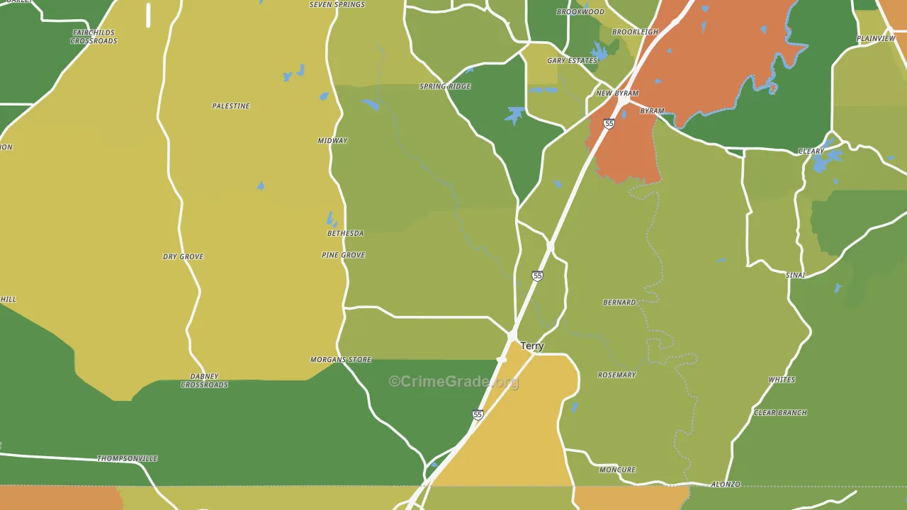 Terry, MS Map of Burglary Rates