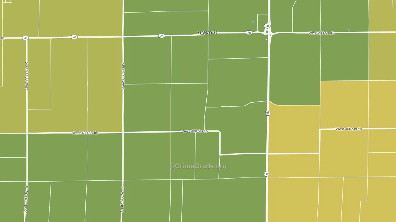 Tetersburg, IN Map of Burglary Rates