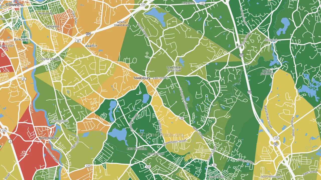 Tewksbury, MA Map of Burglary Rates