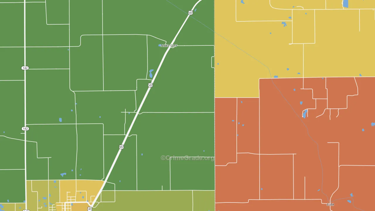 Texas City, IL Map of Burglary Rates
