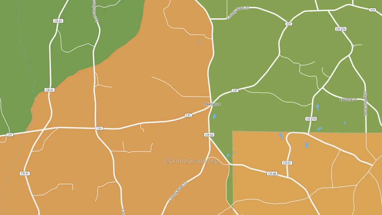 Texasville, AL Map of Burglary Rates