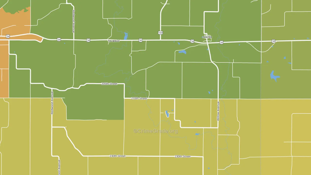 Thayer, IA Map of Burglary Rates