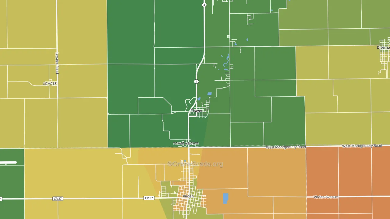Thayer, IL Map of Burglary Rates
