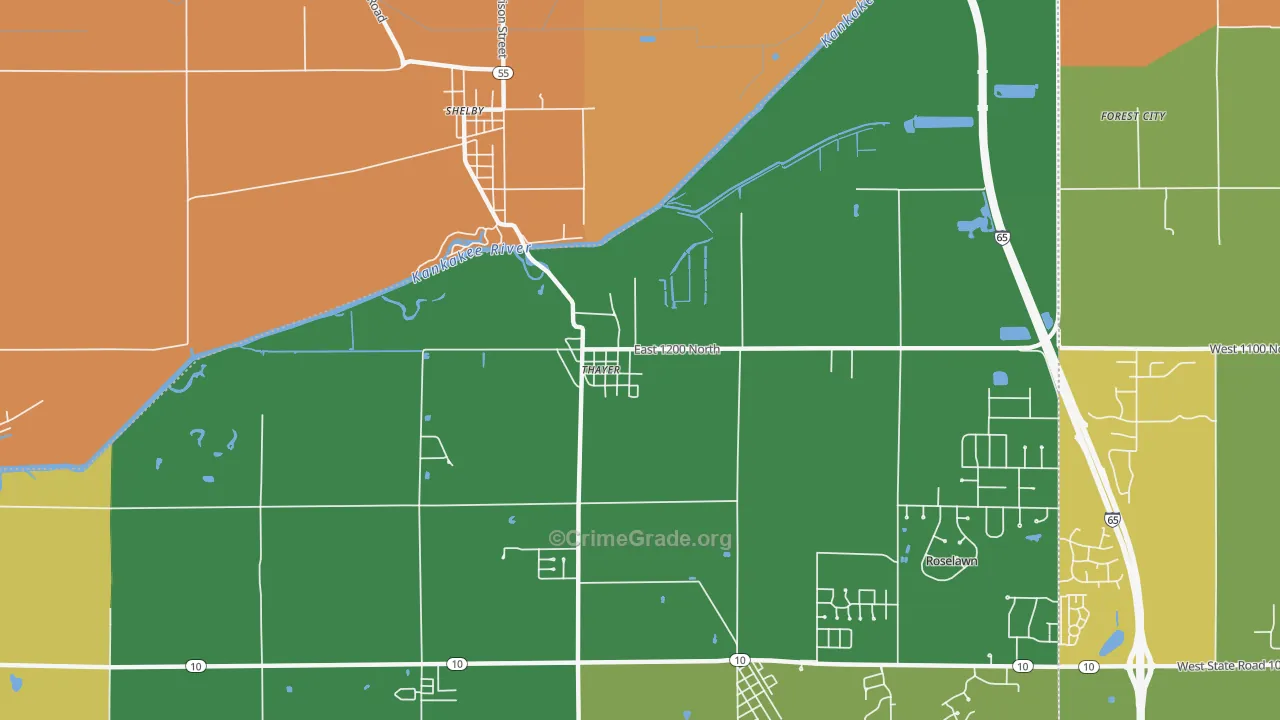 Thayer, IN Map of Burglary Rates