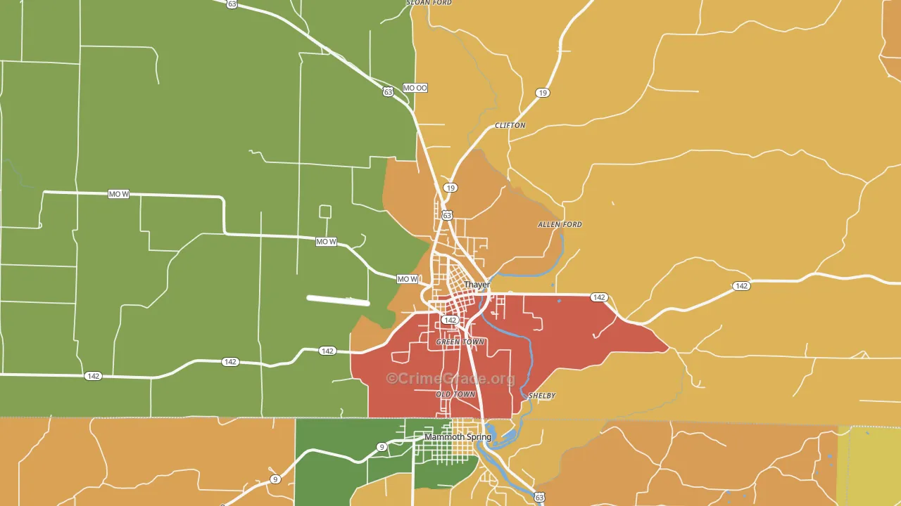 Thayer, MO Map of Burglary Rates