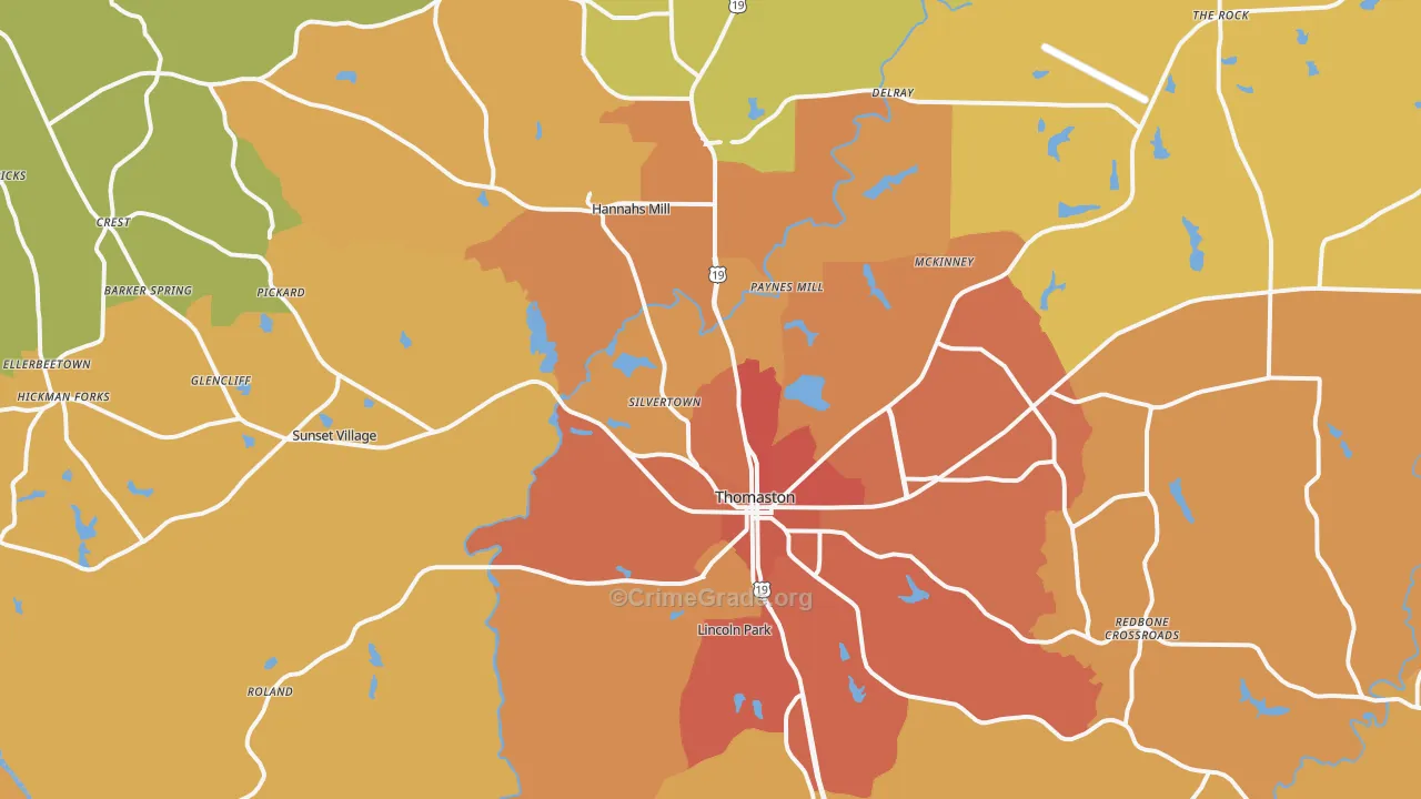 Thomaston, GA Map of Burglary Rates