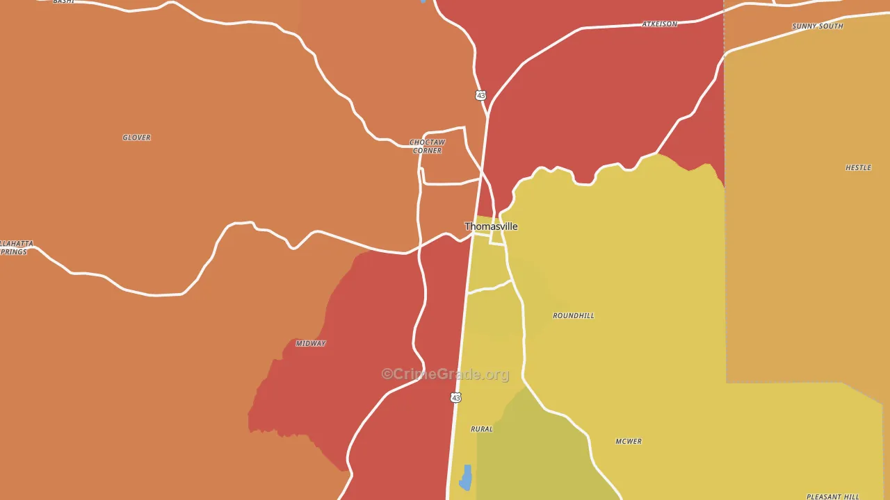 Thomasville, AL Map of Burglary Rates
