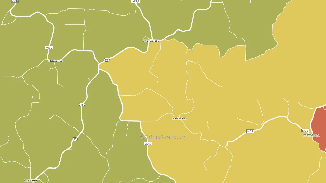 Thornfield, MO Map of Burglary Rates
