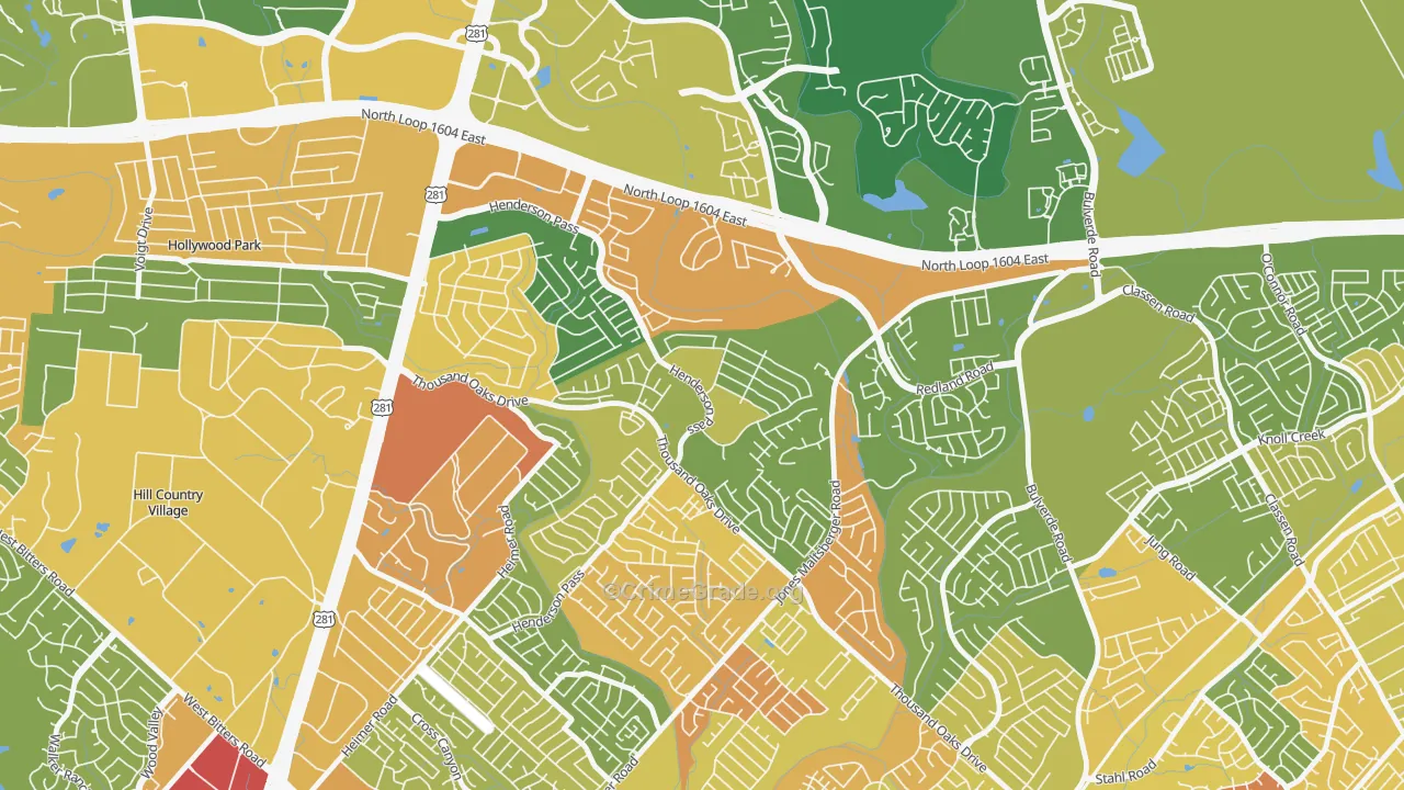 Thousand Oaks, San Antonio, TX Map of Burglary Rates