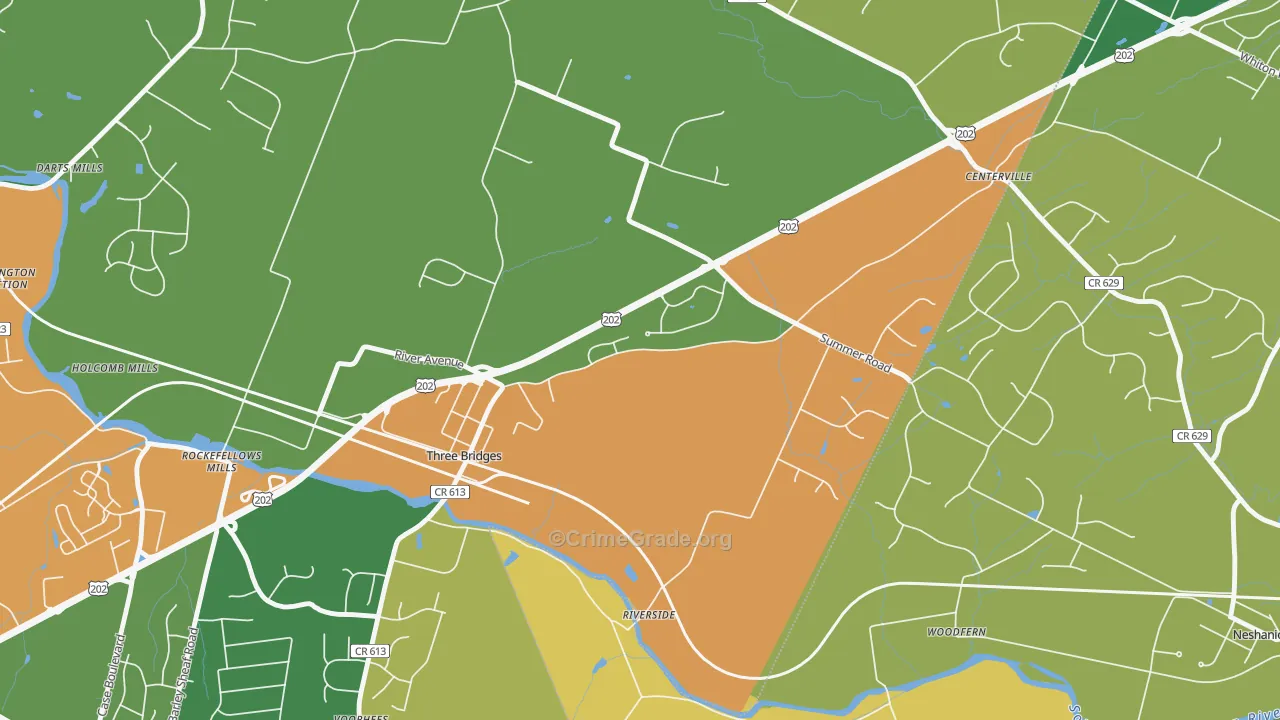 Three Bridges, NJ Map of Burglary Rates