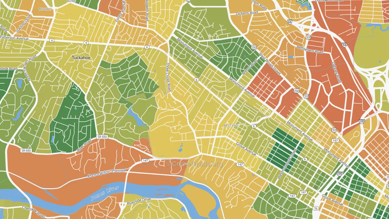 Three Chopt, Richmond, VA Map of Burglary Rates