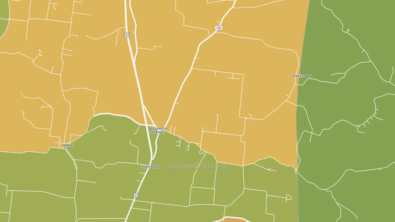 Three Oaks, TN Map of Burglary Rates