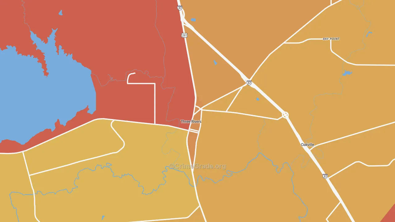 Three Rivers, TX Map of Burglary Rates