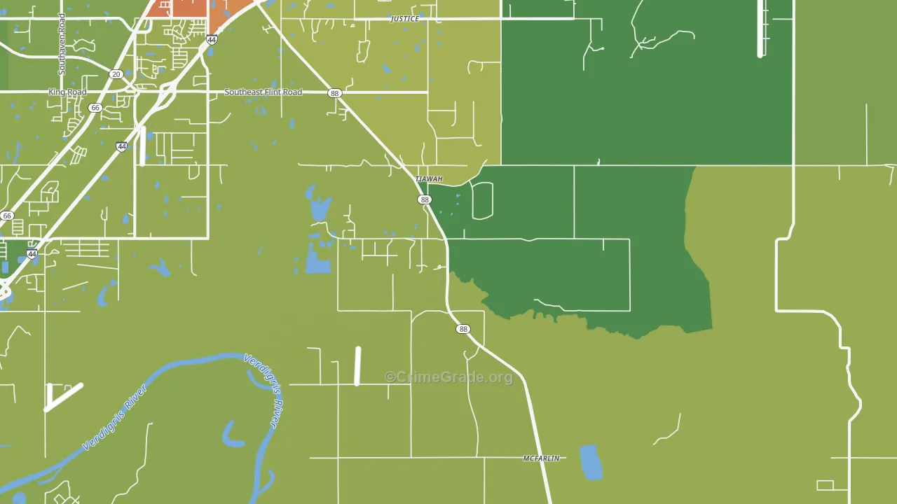 Tiawah, OK Map of Burglary Rates