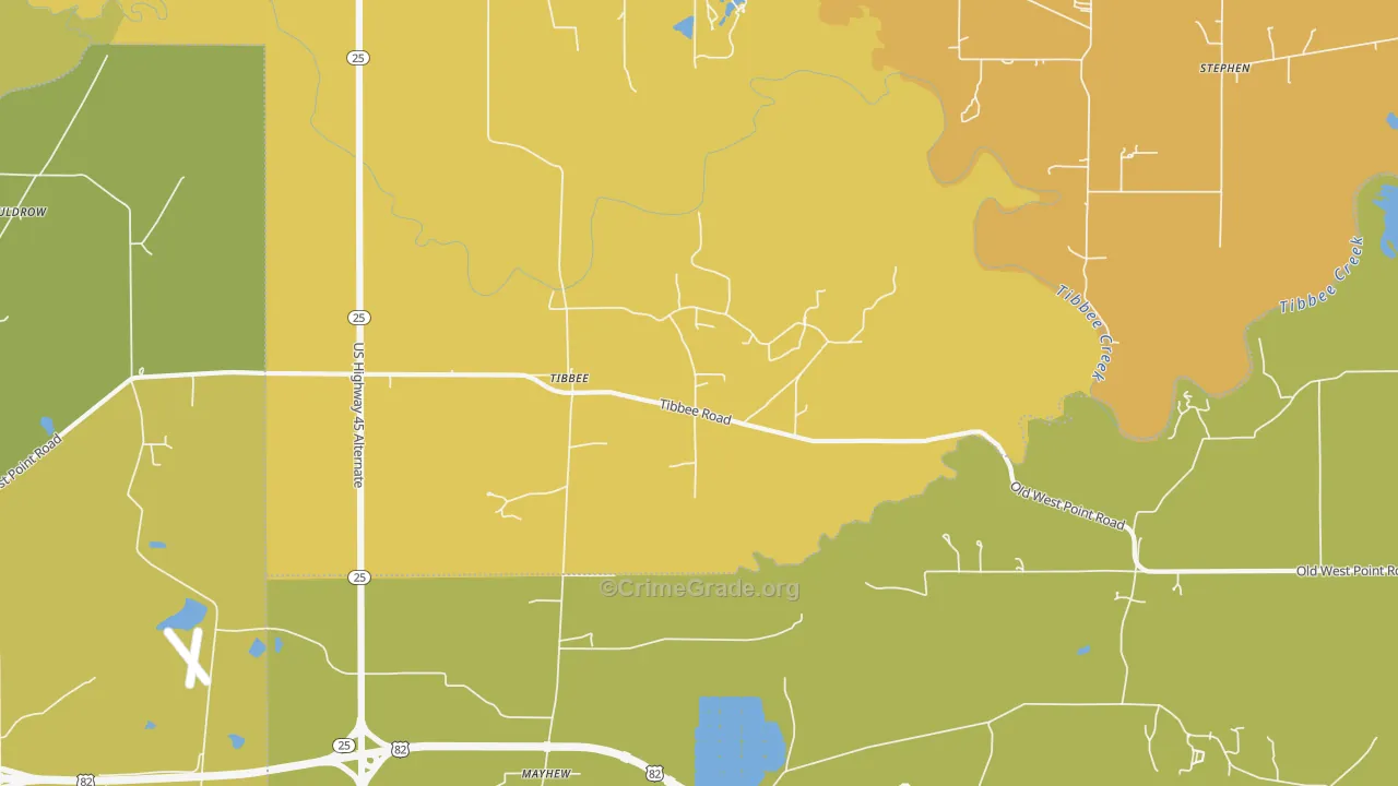 Tibbee, MS Map of Burglary Rates
