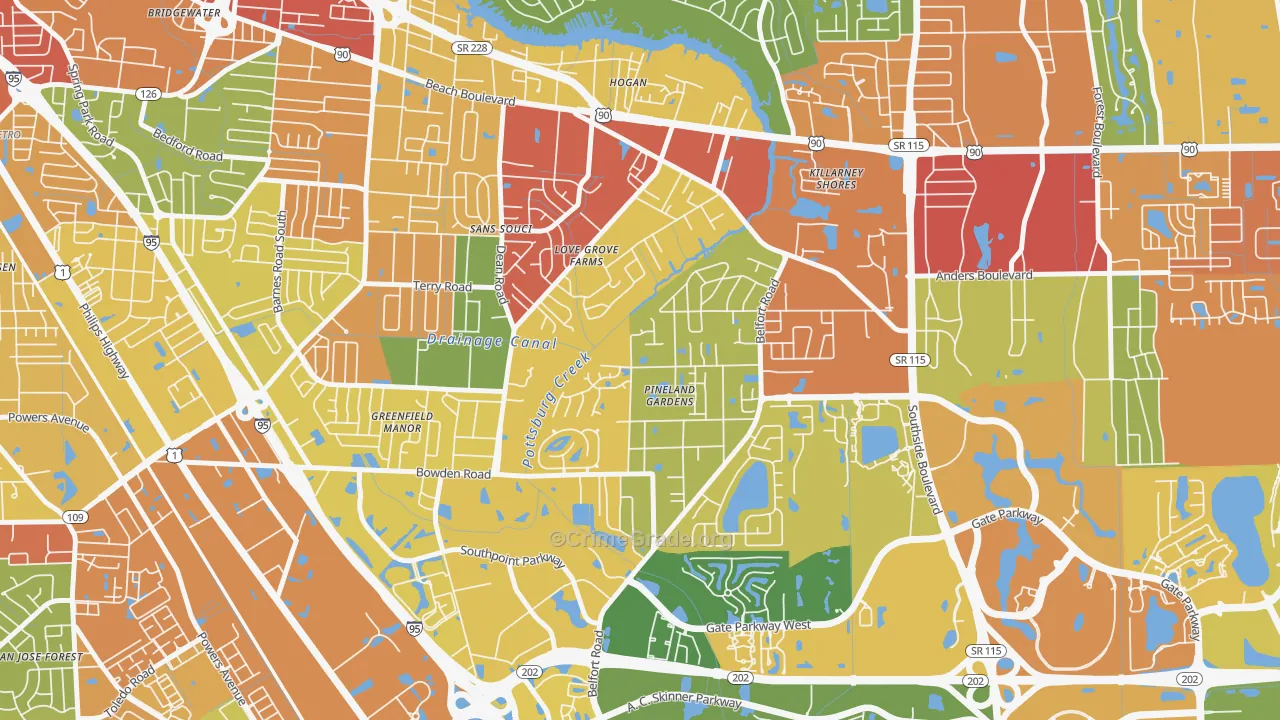 Tiger Hole-Secret Woods, Jacksonville, FL Map of Burglary Rates