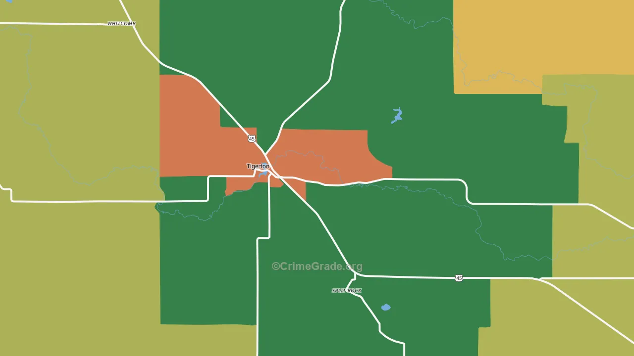 Tigerton, WI Map of Burglary Rates