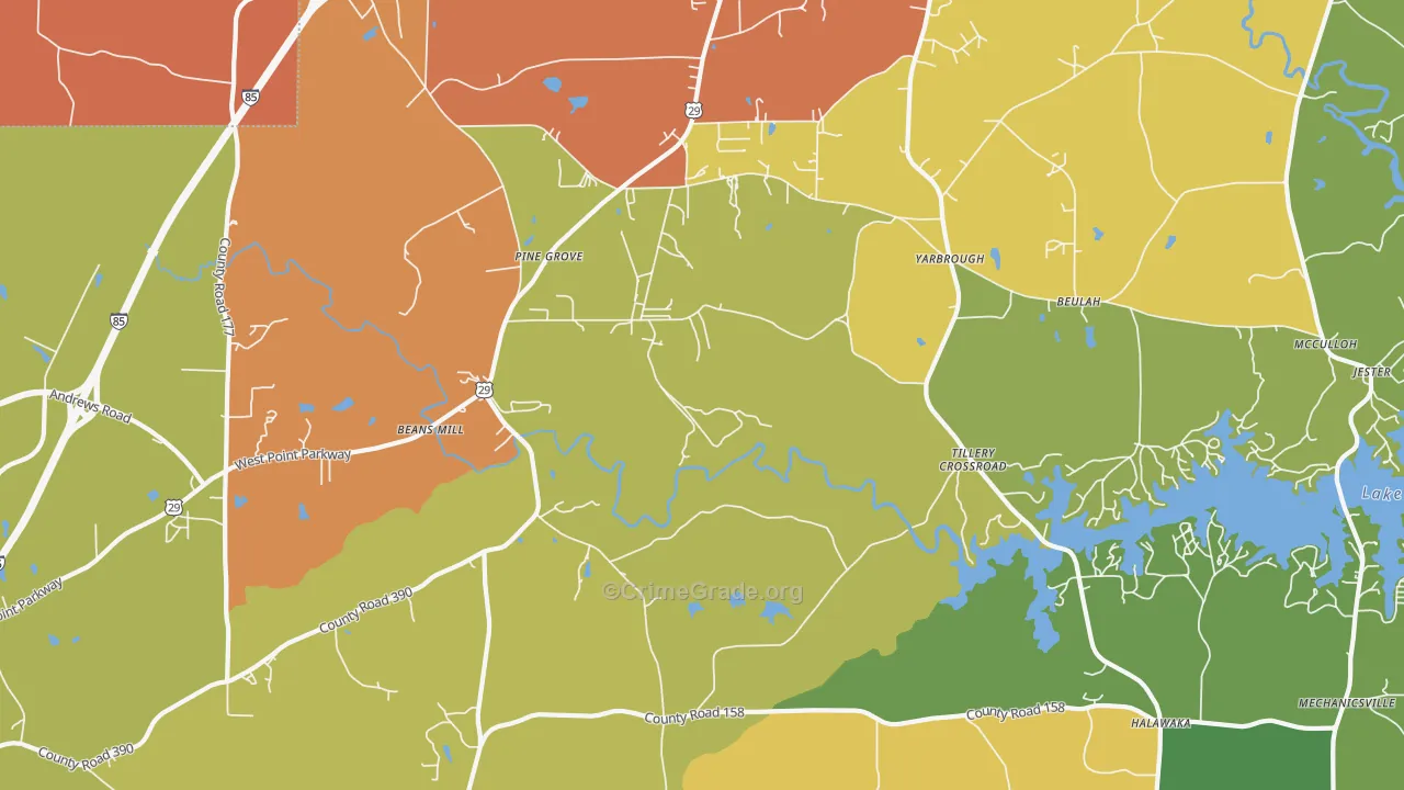Tillery Crossroads, AL Map of Burglary Rates